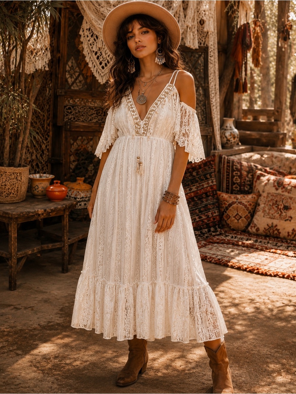 Boho Lace Cold-Shoulder Maxi Dress in Cream